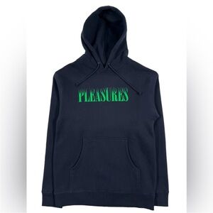 Pleasures Crumble Hoodie Navy with Pleasures Text.
